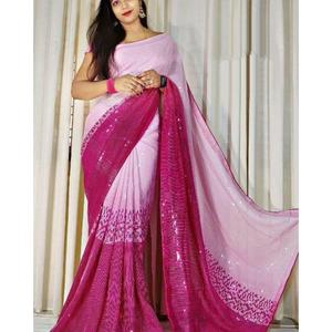 DERNIÈRE GEORGETTE DIGITAL IMPRIMÉ SÉQUENCE TRAVAIL SAREE AVEC BLOUSE NON COUCHÉE ROSE - Product Image 4