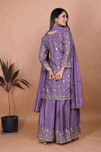 Elegant Chinon Silk Shimmer <b>Sequin</b> Tunic Multi <b>Flare</b> Palazzo Pants Heavy Scarf Pack Girls Three Piece Boutique Suit - Product Image 6