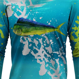 เสื้อตกปลาแขนยาวผู้ชาย พิมพ์ลายแบบซับลิเมชั่น UPF 50 ป้องกันรังสียูวี สำหรับกิจกรรมกลางแจ้ง สีน้ำเงินเขียว ลายปลาโลมาด้านหน้า - Product Image 6
