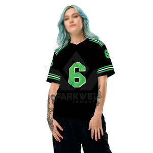 เสื้อฟุตบอลอเมริกันสีดำสำหรับผู้หญิง สีเขียว หมายเลข 6 ลายพิมพ์แบบถ่ายเทความร้อน ชื่อทีมแบบกำหนดเอง คอวี แขนสั้น โพลีเอสเตอร์ระบายอากาศได้ดี - Product Image 2