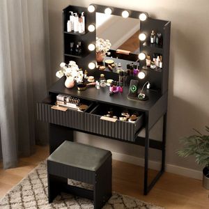 2-Drawer 4-Shelf Black Particleboard Dressing Table Set with Melamine Finish 10 Three-Tone Light Bulbs Included <b>Makeup</b> <b>Vanities</b> - Product Image 1