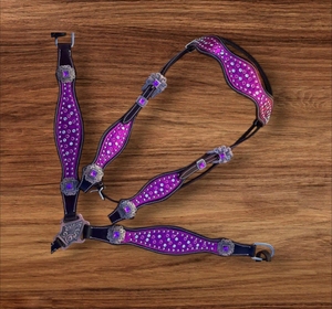 Cabestro de Cuero Morado para Caballo con Conchos de Cristal y Pedrería, Herrajes Plateados, Tamaños Personalizados - Product Image 1