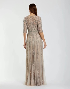 Elegant Sheath <b>Gown</b> <b>Floor</b>-<b>Length</b> Beaded O-Neck Three Quarter Sleeve Satin Natural Waistline Anti-Wrinkle Evening Dress - Product Image 2