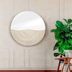 Handcrafted Natural Wood Round Wall <b>Mirror</b> Half-White Design Bohemian Home Decor - Product Image 1