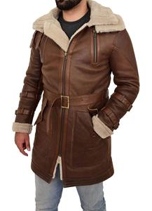 Manteau long en peau de mouton véritable pour homme, style parka, 3/4 de longueur, marron - Product Image 2