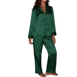 Custom High Quality Women's Elegant Sleepwear Set Breathable Satin <b>Pyjamas</b> 2pcs Long Sleeves Turn Collar Elastic Waist Closure - Product Image 2