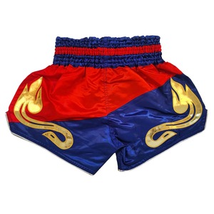 Shorts de Muay Thai pour hommes, rouge, bleu, or, brodés, en satin, taille élastique, écologiques, séchage rapide, style sportif, logo imprimé sur le devant - Product Image 2