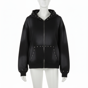 Sudadera con capucha de algodón peinado de 465 GSM de alto gramaje con cremallera y lavado efecto desgastado con logo de pedrería Meeroos Industries - Product Image 1