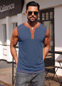 <b>Men's</b> Blue Sleeveless <b>Henley</b> Tank <b>Top</b> Button Detail Casual Knitted Spandex/Cotton Muscle Shirt-Eco-Friendly Quick Dry Breathable - Product Image 2