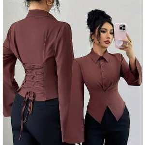 Blusa de mujer con cordones en la espalda, cintura fruncida y mangas acampanadas, tejida sin elasticidad. - Product Image 3