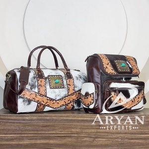 New 2026 Tooled Cowhide Leather Floral 2 Piece Matching Turquoise Stone Concho Travel Weekender Luggage Set Duffel & <b>Backpack</b> - Product Image 1