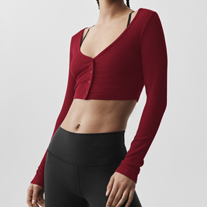 Haut de sport pour femme à manches longues, col rond boutonné, coupe ajustée, T-shirt de sport - Product Image 3