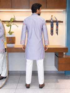 <b>Men</b> Pakistani Sherwani Suit Floral Embroidered <b>Kurta</b> Set Light Blue Formal Wedding Party Outfit - Product Image 4