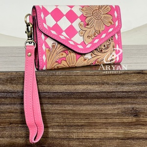 Trending Pink Tooled Checkered Leather Floral Design Women Clutch RFID Genuine Leather Cash & Card Holder Wallet for Daily Use - Product Image 1