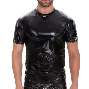 Men's Black Shiny PU Leather Short Sleeve Crew Neck T-<b>Shirt</b> Casual Solid Color Summer Wear - Product Image 1