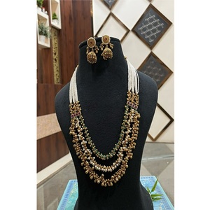 Conjunto de Collar Largo y Pendientes de Latón Chapado en Oro Antiguo Polki de la Mejor Calidad, Colección de Regalos para Bodas Indias y Fiestas para Mujer - Product Image 2