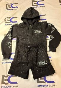 Custom Zipper <b>Puller</b> Distressed Embroidery Logo 2 Piece Set Cotton Fleece Men Rhinestone Shorts Set - Product Image 1