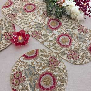 Handmade Luxury Floral Fabric Eco-Friendly <b>Table</b> <b>Runner</b> Bohemian Style <b>Teal</b> Pink White Customized Shape Mats Pads - Product Image 1