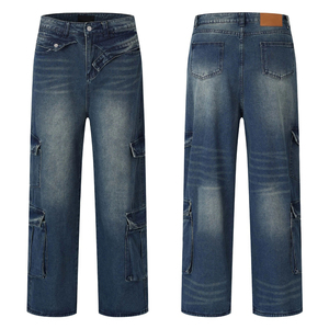 Nouveau Jean Cargo en Denim Bleu pour Homme Coupe Ample Personnalisée Multi-Poches Streetwear Vintage Délavé Jambe Large Droite - Product Image 6
