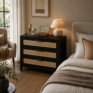 Global Wholesale Solid Teak Wood Modern Minimalist Lars Woven <b>Sideboard</b> Cabinet Black Finish Rattan Drawer Living Room <b>Storage</b> - Product Image 3