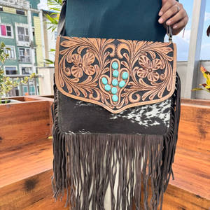Handmade <b>Hair</b> on Tooled Leather Cactus Turquoise Stone Fringe Crossbody Bag Western Genuine Leather Conceal Carry Women's Purse - Product Image 3