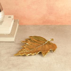 Decorative Metal Leaf Platter for Home Decor Coffee <b>Table</b> Dining <b>Table</b> Centerpiece Antique Gold Finish Jewelry <b>Tray</b> Key Holder - Product Image 5