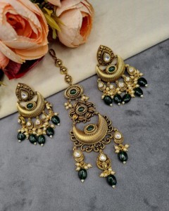 Designer Beaded Choker Necklace <b>Set</b> With Drop Beads Earrings And Mangtika Ethnic Festive Wear Fashion <b>Jewellery</b> <b>Set</b> Manufacturer - Product Image 3