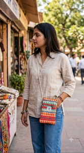 Sac bandoulière en tissu de coton avec broderie géométrique, fermeture éclair, mini sac à main tissé avec une seule sangle pour usage quotidien - Product Image 2