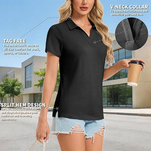 Polo à manches courtes pour femme, col en V, coupe ajustée, haut de travail décontracté et professionnel avec tissu à séchage rapide, protection solaire UPF 50+ - Product Image 3