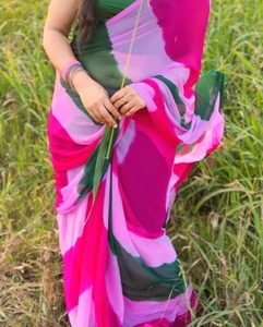 Sari de Rayón KV Tradicional con Estampado a Cuadros Tie-Dye, Diseño Propio, Bloques de Color, Leheria Chiffon, Sin Arrugas, Reversible - Product Image 3