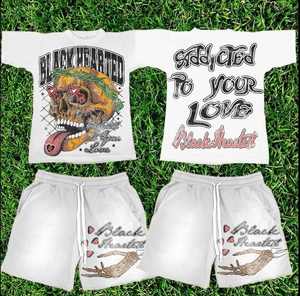 BlackHearted Streetwear <b>Knitted</b> TShirt Shorts <b>Set</b> Skull Print Crew Neck Summer Casual Unisex White Cotton Breathable Drawstring - Product Image 3