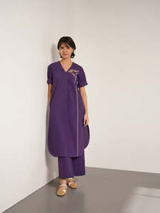 Purple Plain Midi <b>Dress</b> <b>With</b> Three Quarter <b>Sleeves</b> Turn-down Collar Loose Fit Casual <b>Summer</b> Woven Cotton Fabric Women <b>Dress</b> - Product Image 1