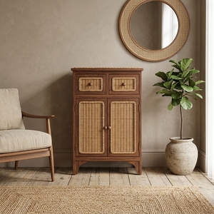 Traditional Teak Wood Nightstand Natural Rattan Woven Side Cabinet with 4 Storage Drawers for Bedroom Living Room & Hospital Use - Product Image 3