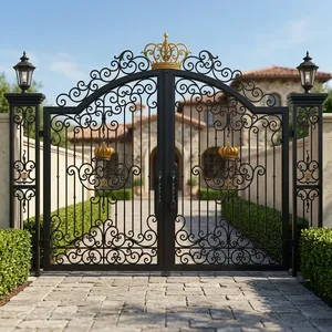 Portail d'entrée européen en fer forgé avec décor en couronne, porte extérieure manuelle battante en métal, design en acier fini - Product Image 2