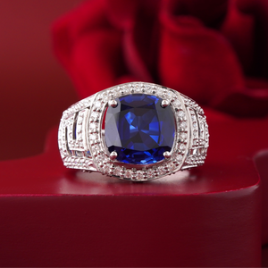Mens Sapphire Blue CZ Cluster <b>Ring</b> 14K Gold VVS-VS DEF Inlay Band <b>Fine</b> Jewelry for Him on Wedding Engagement - Product Image 1