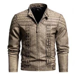 Blouson moto coupe-vent en cuir véritable noir pour homme, col montant, fermeture éclair, coupe ajustée, finition délavée, manches classiques, hiver - Product Image 4