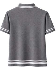 Polo gris personalizado para hombre, mezcla de algodón, informal, de manga corta, para verano, con cuello, puños y dobladillo con diseño de rayas en contraste. - Product Image 5