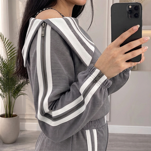 Crescent Wear Trending Womens Grey <b>Track</b> <b>Jacket</b> White Stripes Pant Oversized Fit 100% Cotton Winter High Street Fashion - Product Image 3