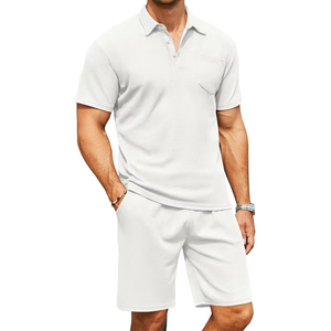 Men's <b>White</b> Cotton Waffle <b>Polo</b> Shirt and Shorts Set Casual Summer Outfit Breathable Knitted Solid Color - Product Image 1