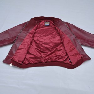 Genuine Real Leather Mens Red Bomber <b>Jackets</b> Embroidered Logo Zipper Front Stand Collar Casual Style with Customized Logo <b>Jacket</b> - Product Image 5