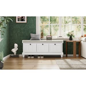 TREXM Coussin de banc à chaussures blanc classique avec trois tiroirs cannelés Rangement des couloirs d'entrée pour meubles de salon - Product Image 4