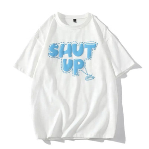 T-shirt blanc surdimensionné pour homme avec imprimé bleu « Shut Up » à manches courtes, col rond, en jersey de coton, style décontracté - Product Image 1