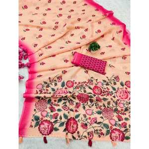 SIGNER LIN IMPRESSION NUMÉRIQUE TRAVAIL SAREE AVEC BOLUSE SANS COUTURE - Product Image 1