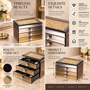 Boîte de rangement pour bijoux en verre or rose avec incrustation de paillettes, boutons en cristal, doublure en velours doux, rangement décoratif - Product Image 6