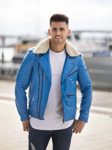 Vestes en cuir personnalisées bouffant d'hiver bleu classique à séchage rapide veste en cuir véritable pour hommes - Product Image 5