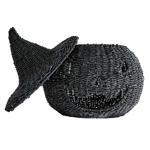 Icónico Jack-O'-Lantern Negro de Mimbre con Tapa de Sombrero de Bruja, Almacenamiento Artesanal Espeluznante para Dulces de Halloween - Product Image 3