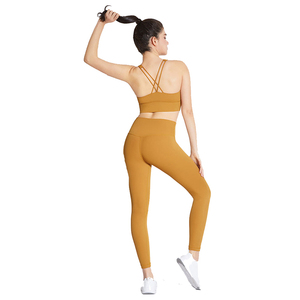 Women's Yoga Set Solid Color High Waist <b>Seamless</b> <b>Leggings</b> Crop Top Racerback Sportwear Full Length Mustard Yellow - Product Image 2