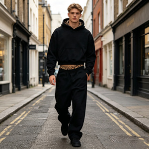 Chándal de Forro Polar Térmico Negro Personalizado para Hombre, Estampado de Leopardo, Estilo Urbano Holgado, Sudadera con Capucha, Chándal Casual para Correr - Product Image 3