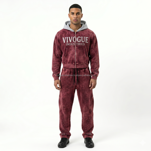 Custom Logo Acid Wash Heat Transfer Printed 100% Cotton Hoodies Joggers <b>Sets</b> Unisex Gyms Fitness Winter Tracksuits - Product Image 4