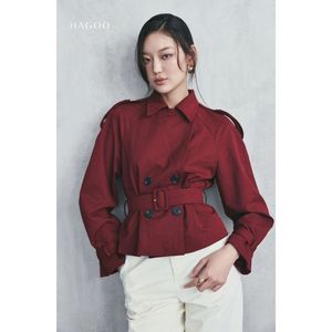 Gabardina de mujer con doble botonadura, cinturón, solapa y peplum, manga larga, para otoño [B8045] - Product Image 1